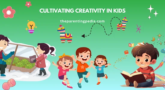 Illustration of children engaging in creative activities like gardening, playing, and reading