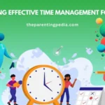 Illustration of children and parents around a large clock and calendar, representing time management