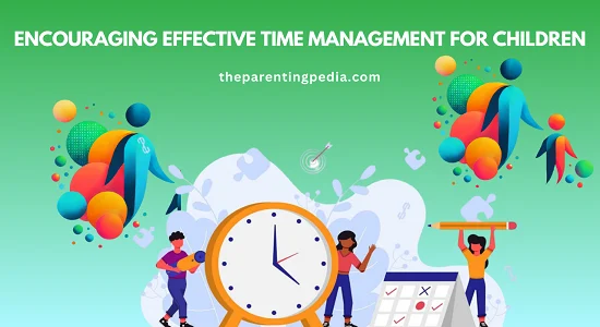 Illustration of children and parents around a large clock and calendar, representing time management