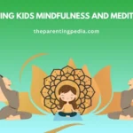 Illustration of a child meditating in lotus position with a mandala, flanked by two figures doing yoga poses, representing mindfulness