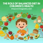 Illustration depicting a balanced diet for kids, showcasing various food groups such as fruits, vegetables, grains, proteins, and dairy to promote healthy growth and development.