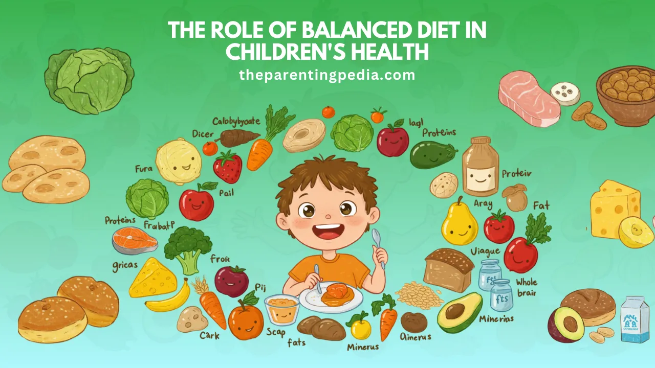 Illustration depicting a balanced diet for kids, showcasing various food groups such as fruits, vegetables, grains, proteins, and dairy to promote healthy growth and development.