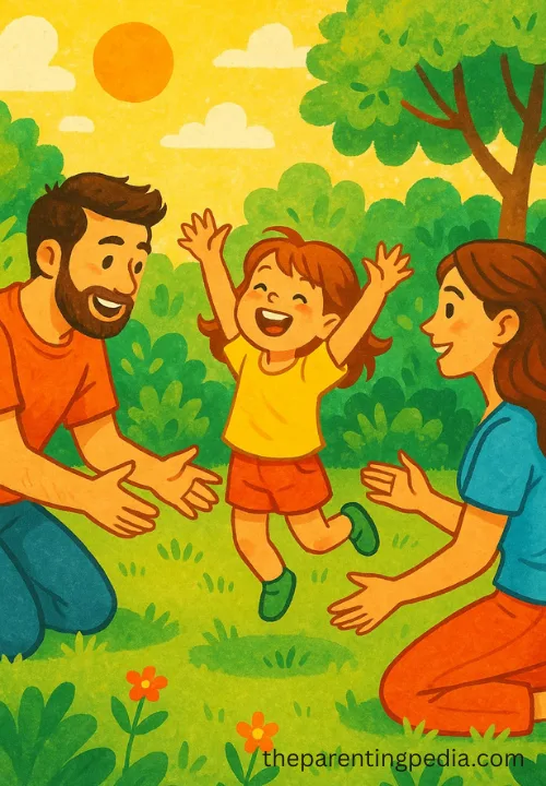 Happy parents playing with their only child in a sunny garden