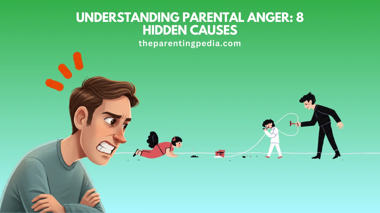 Illustration of an angry parent with children causing mischief, depicting parental anger