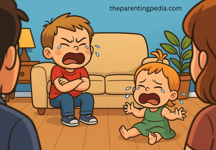 Cartoon illustration showing toddler tantrums and how parents can respond calmly 1