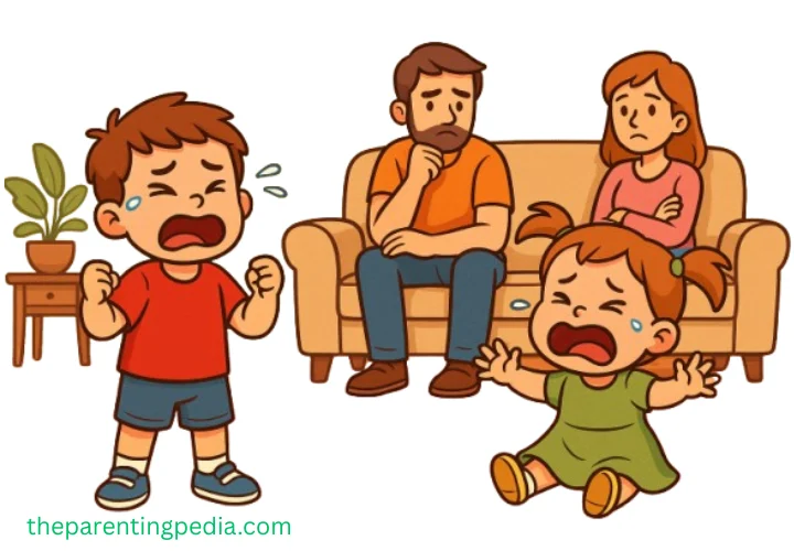 Cartoon illustration showing toddler tantrums and how parents can respond calmly 2