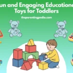 Illustration of toddlers playing with colorful educational toys like blocks, puzzles, and music sets