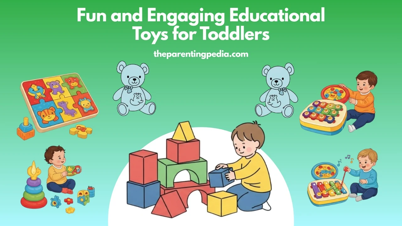 Illustration of toddlers playing with colorful educational toys like blocks, puzzles, and music sets