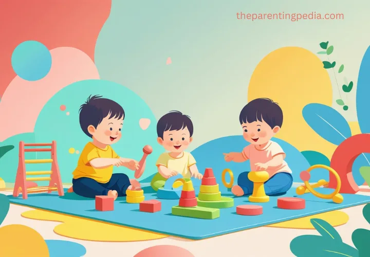 Illustration of three toddlers enjoying sensory play with educational toys on a colorful mat in a vibrant learning environment