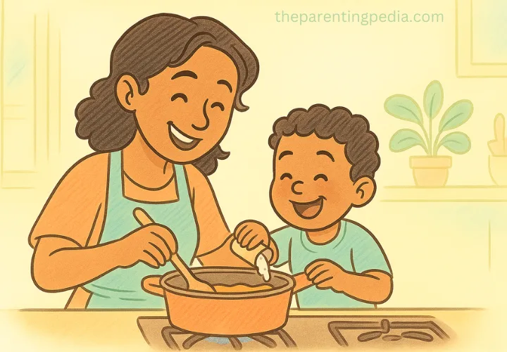 Single Mother Happily Teaching Cooking To Child
