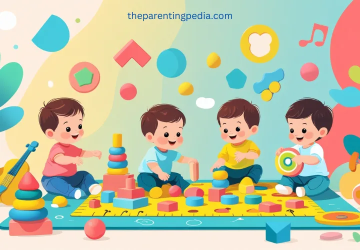 Illustration of four smiling toddlers playing with educational toys like stacking rings, musical instruments, and building blocks in a colorful playroom setting