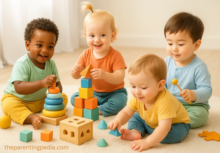 Diverse group of happy toddlers playing with colorful educational toys like blocks, stackers, and shape sorters on a soft playmat