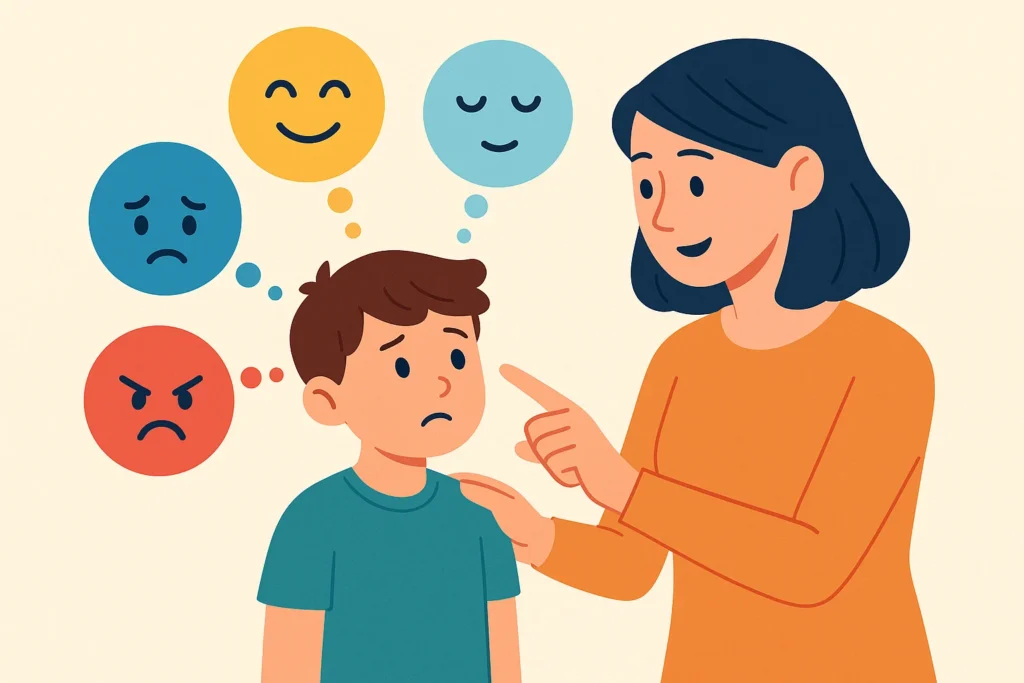 Illustration of a parent teaching a child about different emotions, with icons of happy, sad, calm, and angry faces, symbolizing emotional intelligence.