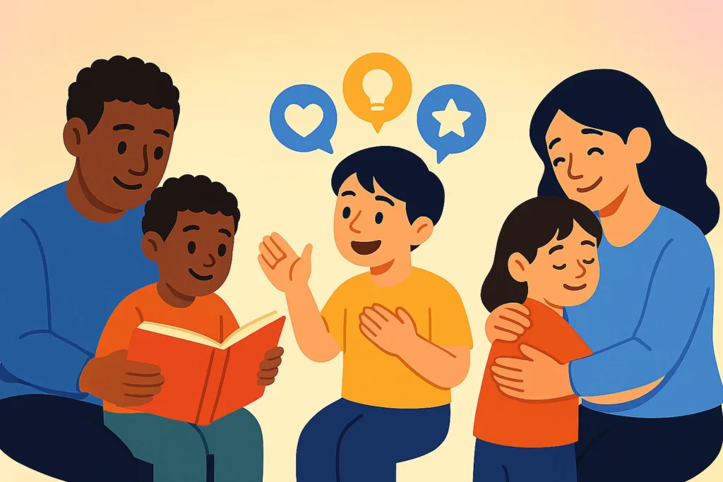Illustration of parents encouraging emotional intelligence in children through reading, open conversations, and affection, showing love, empathy, and guidance.