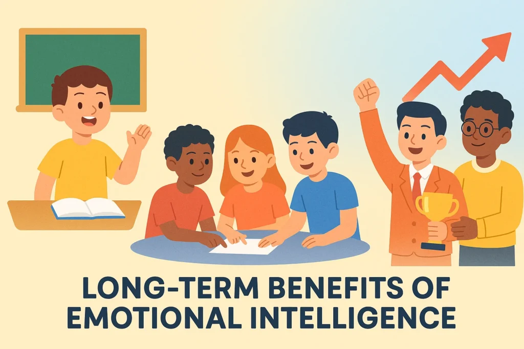 Illustration showing children learning, collaborating, and succeeding, with one child holding a trophy and an upward arrow symbolizing growth and success.