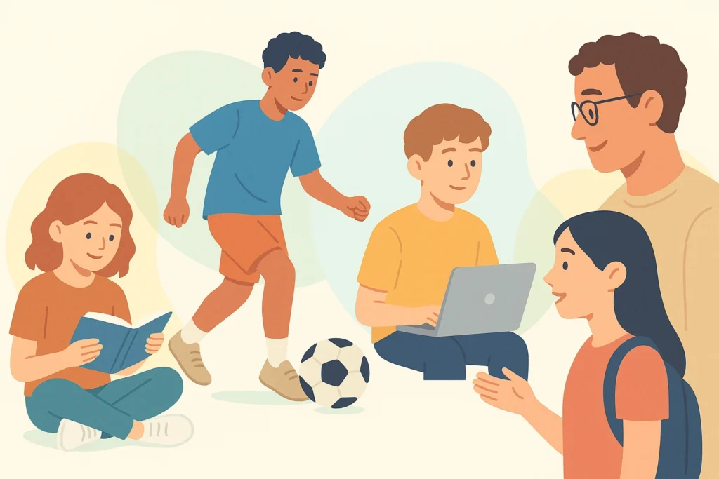 Illustration of adolescents engaged in different activities—reading, playing soccer, using a laptop, and talking with a parent—representing various aspects of adolescent development.