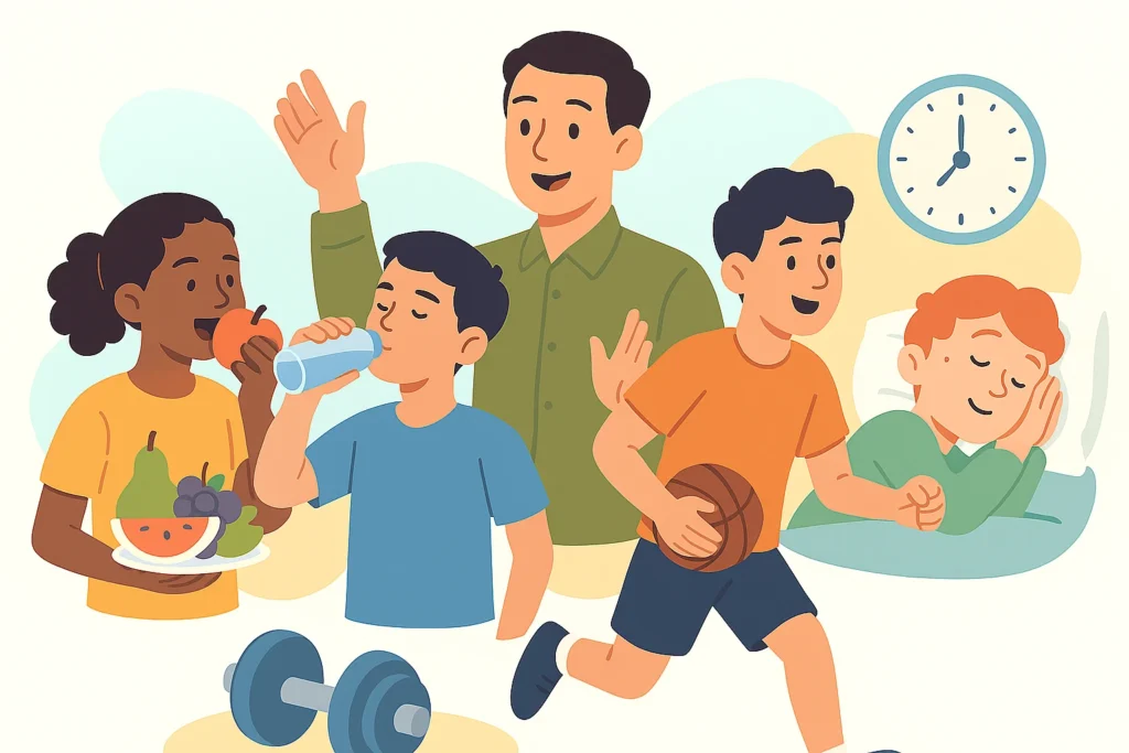 Illustration of adolescents practicing healthy habits—eating fruits, drinking water, exercising, playing sports, and getting enough sleep—with parental support.