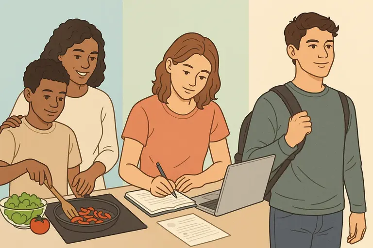 Illustration of adolescents preparing for adulthood—learning cooking skills, studying with books and a laptop, and gaining independence with a backpack.