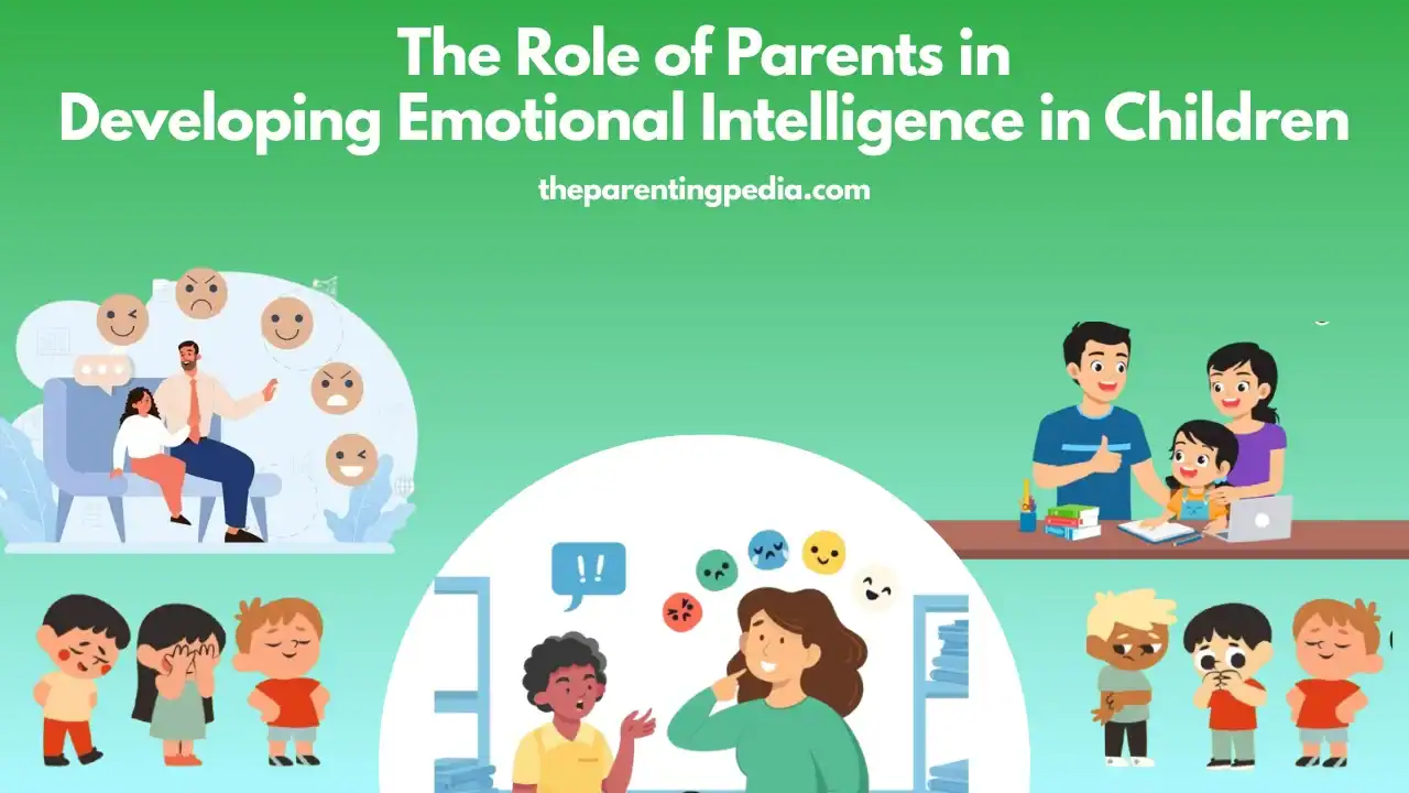 Illustration showing parents engaging with children to develop emotional intelligence, including teaching about emotions, supporting learning, and helping children express feelings.