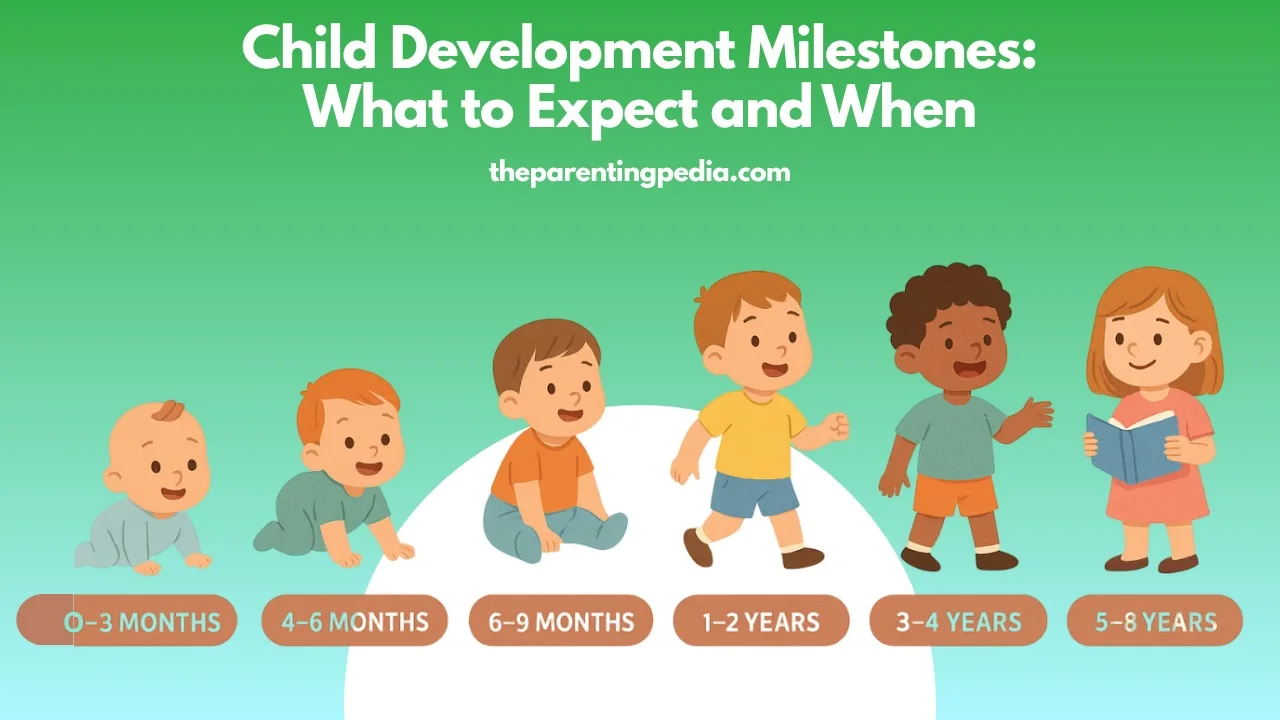 Illustration showing child development stages from 0–3 months to 5–8 years, with kids progressing from crawling to reading.
