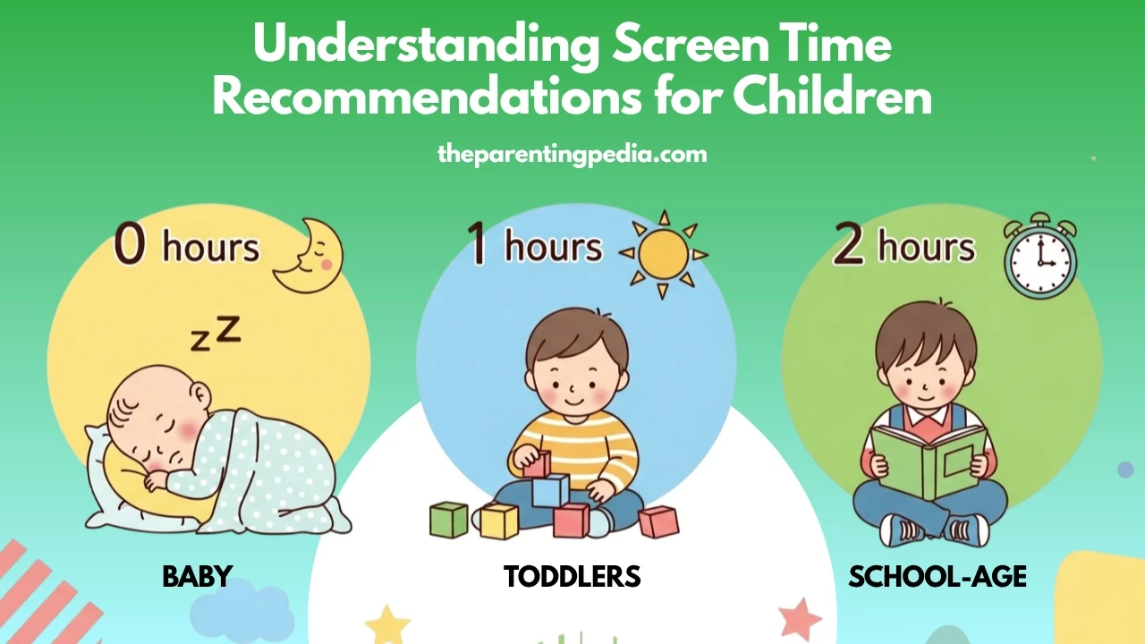 Illustration showing recommended daily screen time for babies, toddlers, and school-age children as per age guidelines.