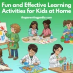Children engaged in various fun learning activities at home including painting, science experiments, puzzle-solving, reading, and building with blocks.