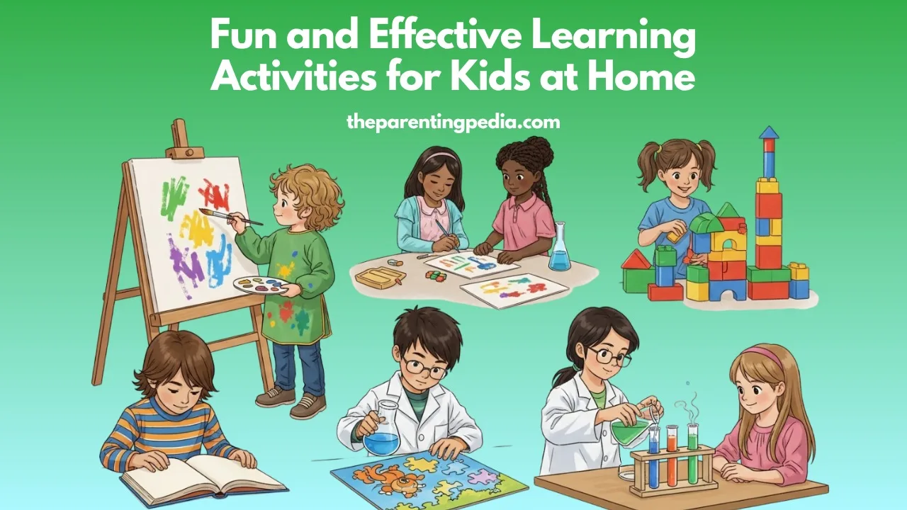 Children engaged in various fun learning activities at home including painting, science experiments, puzzle-solving, reading, and building with blocks.