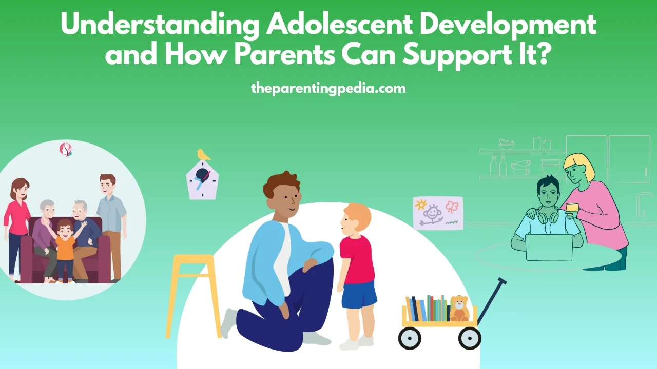Illustration of parents supporting children’s growth—family bonding, parent-child communication, and guidance during learning activities, representing adolescent development.