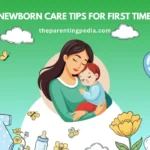 Illustration of a mother lovingly holding her newborn baby, surrounded by baby essentials, flowers, and balloons.