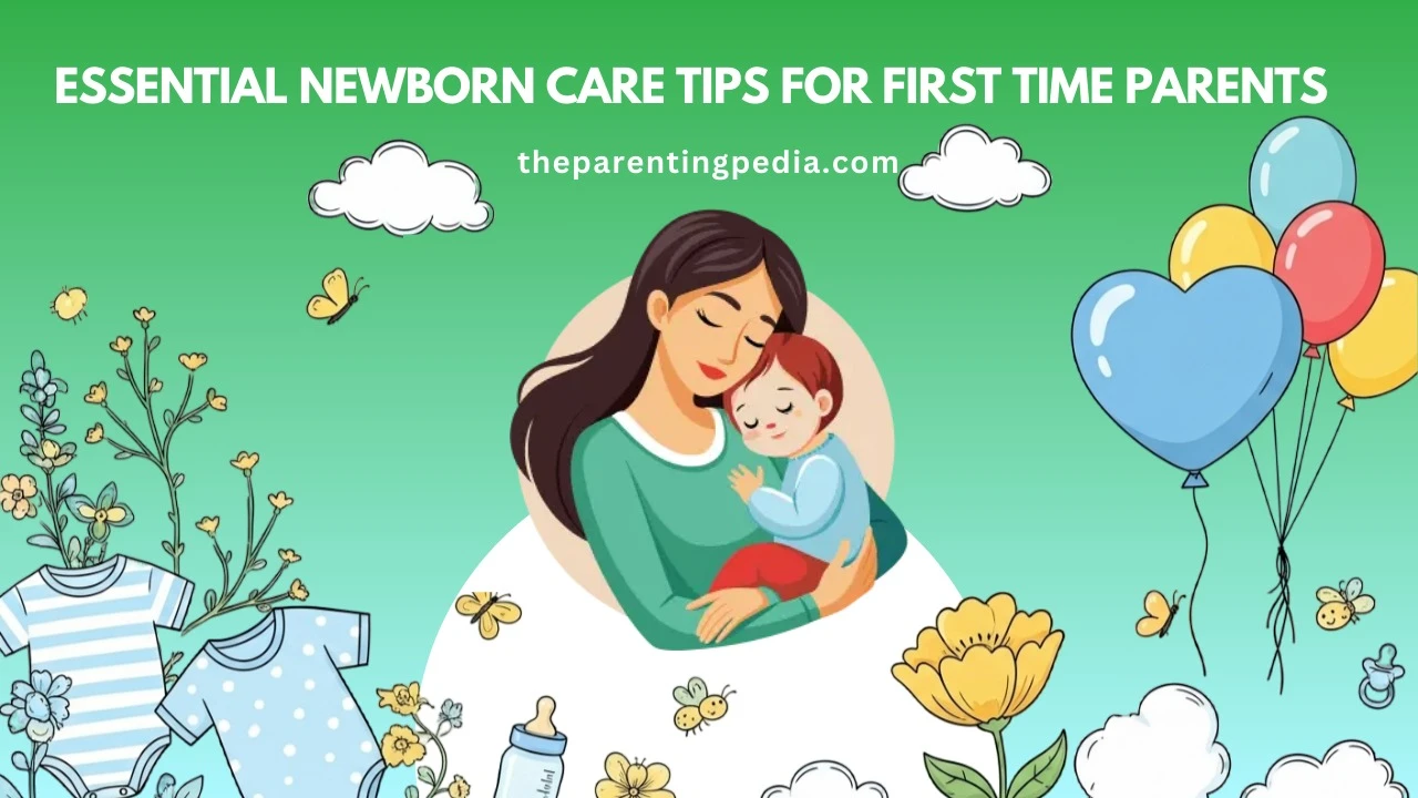 Illustration of a mother lovingly holding her newborn baby, surrounded by baby essentials, flowers, and balloons.