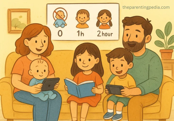 Family following age-based screen time guidelines for children at home