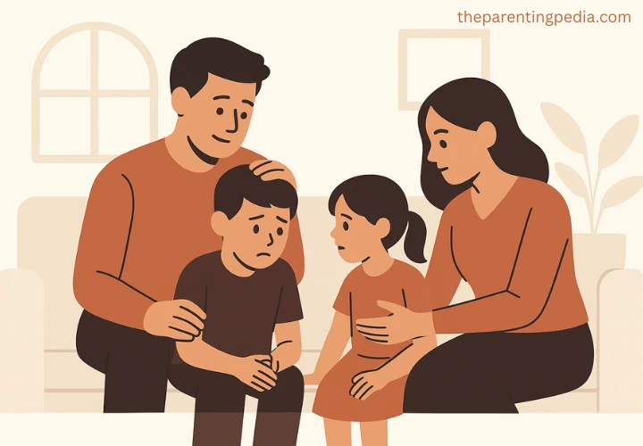 Illustration of parents comforting their emotional child while talking with both kids, symbolizing emotional support and connection.