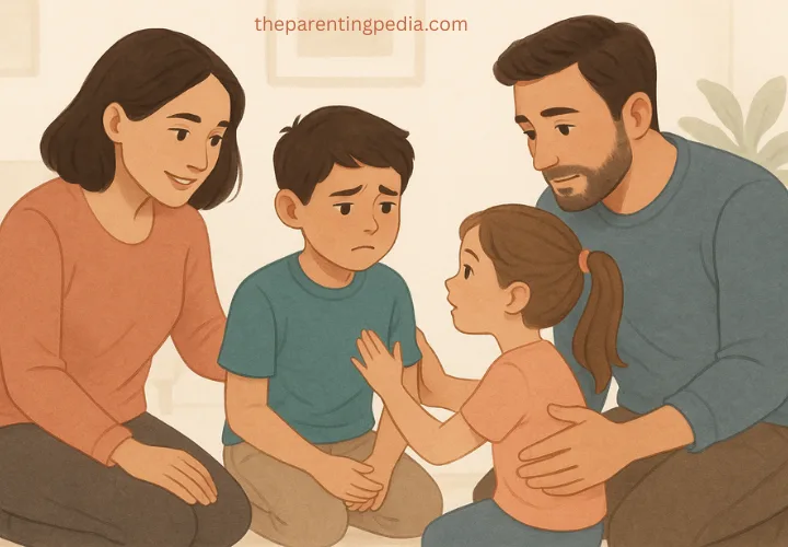 Parents gently supporting their emotional children in a heart-to-heart family conversation.