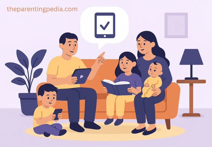 Parents discussing screen time with children while balancing books and devices