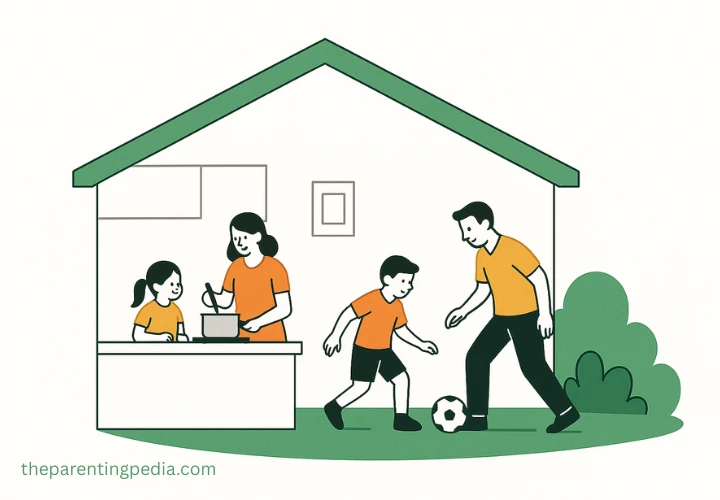 Family enjoying indoor cooking and outdoor play at home.