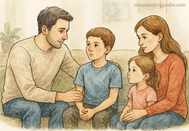 A caring family having an emotional conversation, with parents attentively engaging their children on the couch.