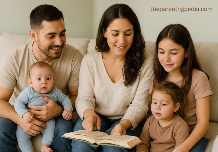 Happy family sitting together on a couch, with parents reading to their children, representing bonding and support in child development.