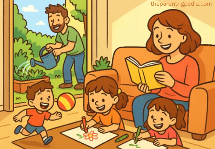 Illustration of a happy family at home – father watering plants, mother reading, and children playing and drawing, showing a nurturing environment for child development.