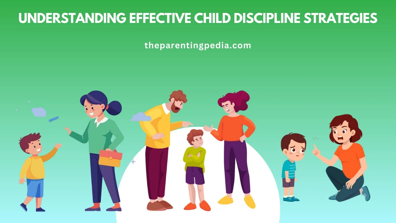 Illustration of parents guiding children with calm and supportive discipline strategies in a positive home environment.