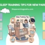 Illustration of baby sleep training tips for new parents, showing bedtime routines like consistent sleep schedule, warm bath, lullabies, and parental care.