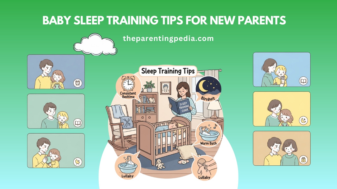 Illustration of baby sleep training tips for new parents, showing bedtime routines like consistent sleep schedule, warm bath, lullabies, and parental care.