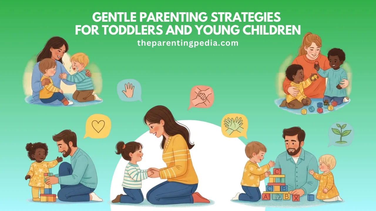 Illustration of parents using gentle parenting strategies with toddlers, including play, empathy, and positive communication.