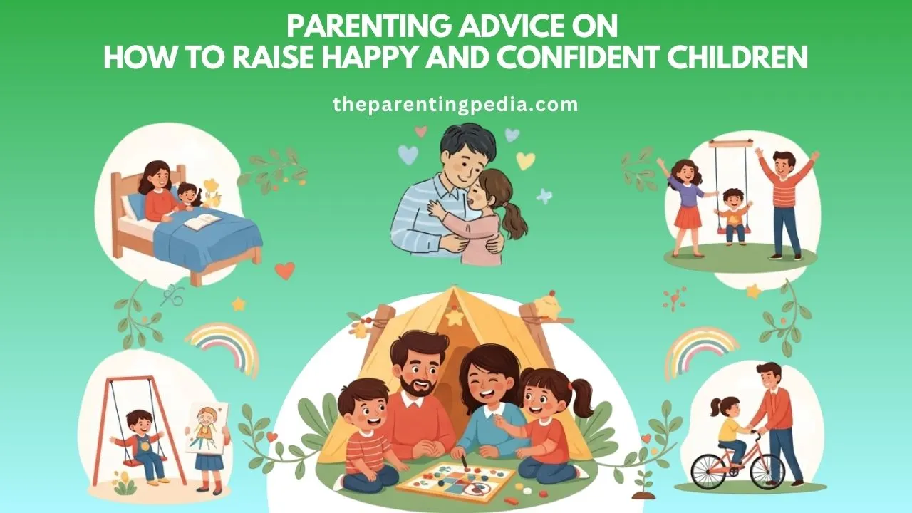 Illustration of parents spending quality time with children through reading, outdoor play, cycling, and family bonding, symbolizing parenting advice on raising happy and confident kids.