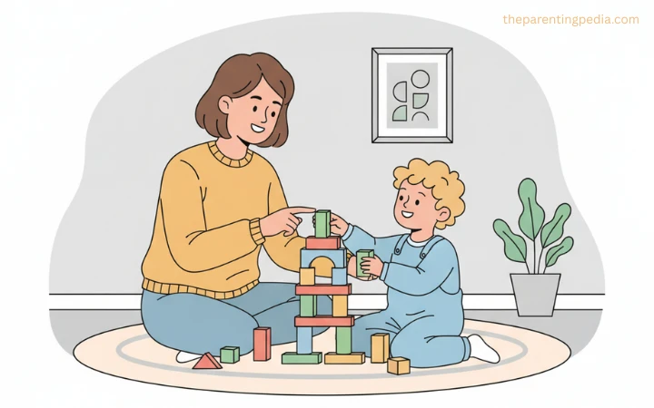 Mother and toddler happily building a block tower together, practicing patience and gentle parenting at home.