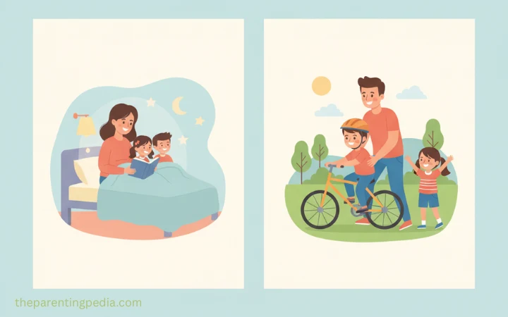 Illustration of a mother reading bedtime stories to her children and a father teaching his kids to ride a bicycle, symbolizing nurturing and confidence-building parenting.