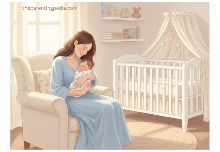 A mother lovingly holding her newborn baby while sitting beside a crib in a cozy nursery.