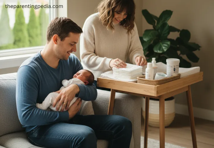 Father holding a newborn baby while the mother arranges baby essentials on a changing table.
