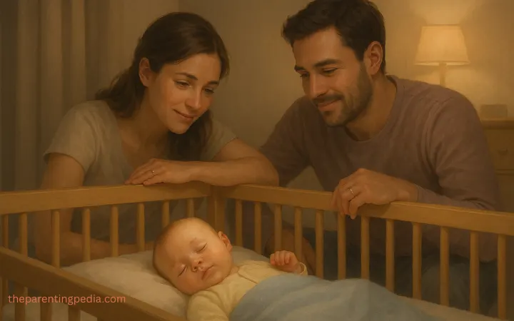 Parents lovingly watching their baby sleep peacefully in a crib during bedtime routine.
