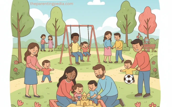 Parents and toddlers playing together in a park, building sandcastles, swinging, and bonding through gentle parenting activities.