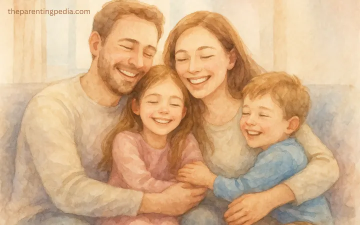 Parents nurturing children with love and support, helping them grow happy and confident.